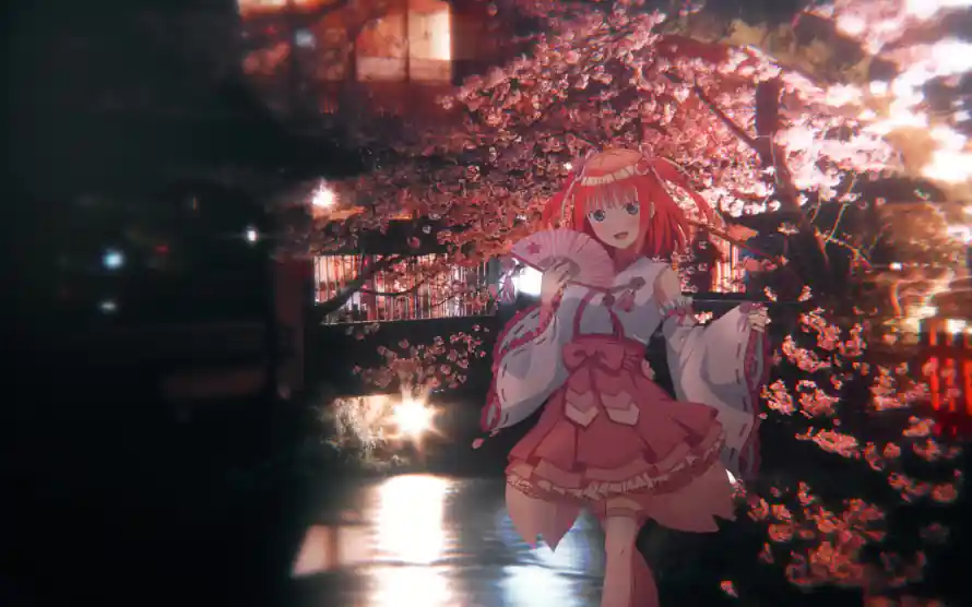 2k夜景壁纸-樱花 - 巫女服-粉色系「哲风壁纸」