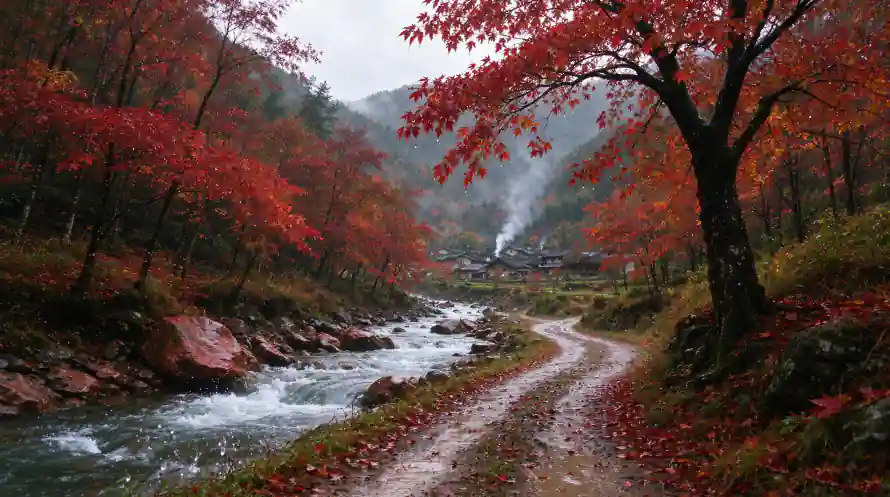 4k红叶林壁纸 - 乡间土路 - 层林尽染 - 山村炊烟「哲风壁纸」