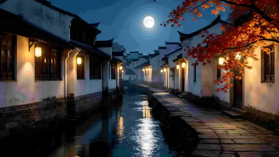 4k月夜壁纸-水巷 - 秋枫-古建筑「哲风壁纸」