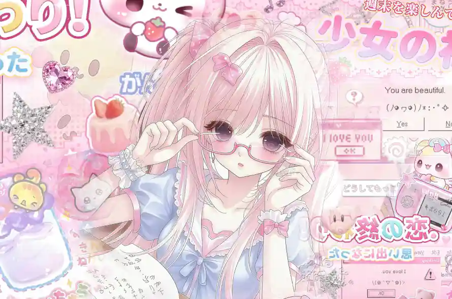 2k卡通熊猫壁纸-日系少女 - 爱心宝石-粉发长发「哲风壁纸」