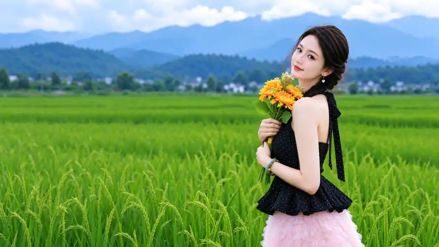 3k稻田壁纸-美女 - 远山-青山「哲风壁纸」