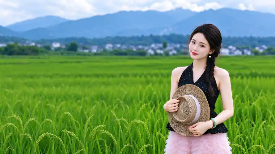 3k稻田壁纸-草帽 - 蓝天-远山「哲风壁纸」