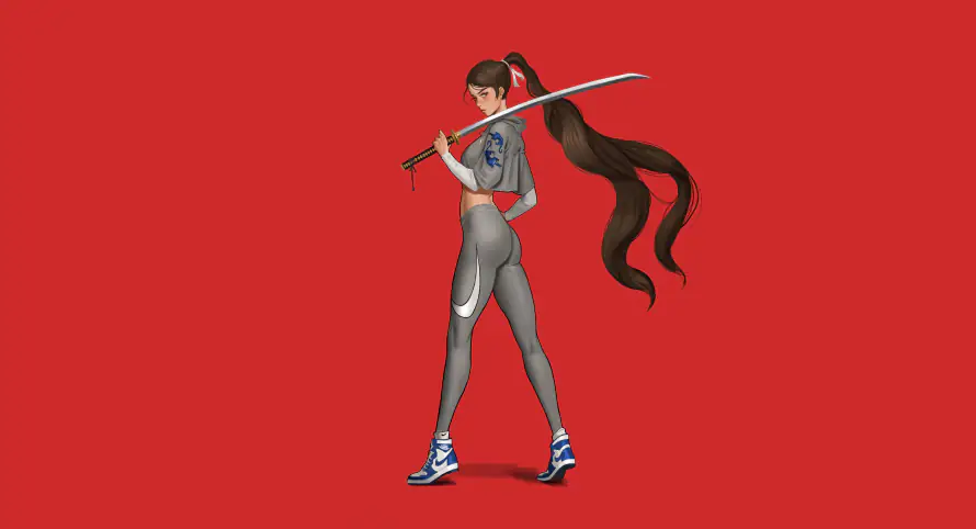 5k动漫壁纸-女武士 - 武士刀-运动鞋「哲风壁纸」