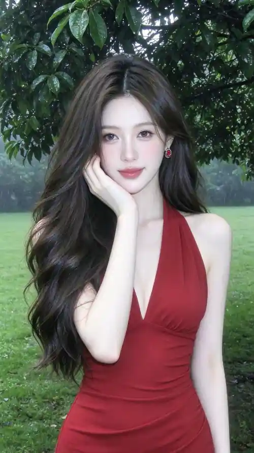 4k绿树壁纸 - 美女 - 户外草坪 - 手托脸颊「哲风壁纸」