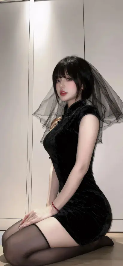 4k美女壁纸 - 跪姿 - 齐刘海 - 修身旗袍「哲风壁纸」