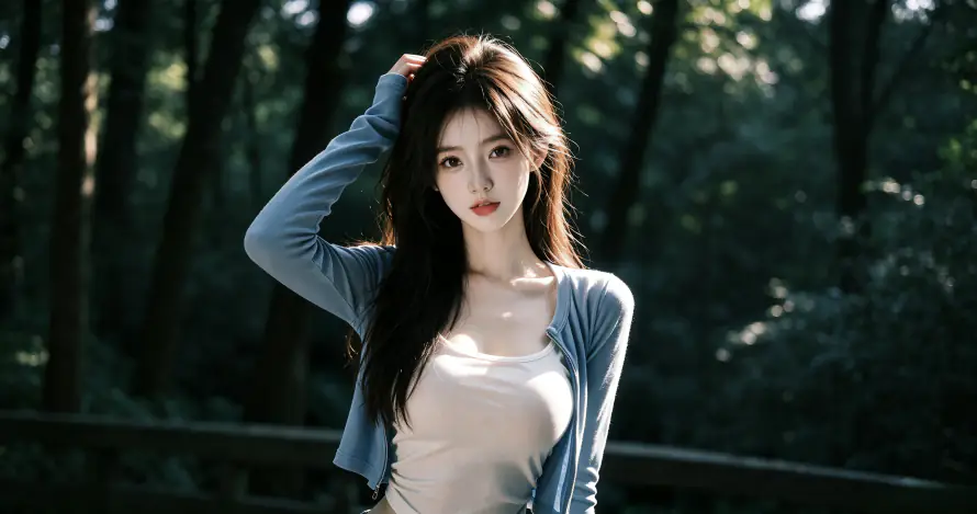 3k户外壁纸-森林 - 美女-蓝衣「哲风壁纸」