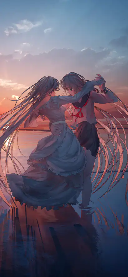 4k插画壁纸 - 双人共舞 - 夕阳海景 - 日系插画「哲风壁纸」