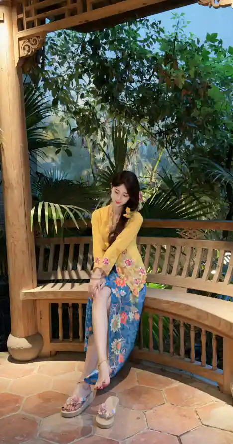 4k坐姿壁纸 - 庭院 - 绿植 - 美女「哲风壁纸」