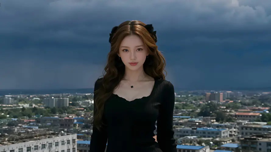 4k天台壁纸-美女 - 黑衣-棕长发「哲风壁纸」