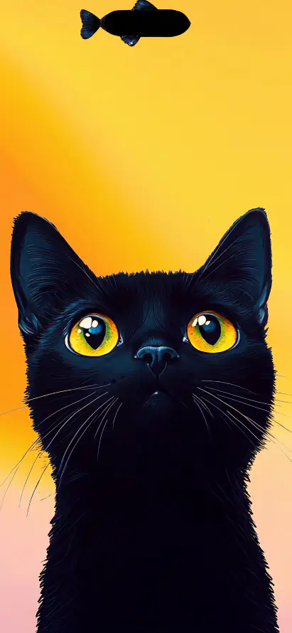 4k黑猫壁纸 - 灵动岛 - 黄眼睛 - 萌系插画「哲风壁纸」