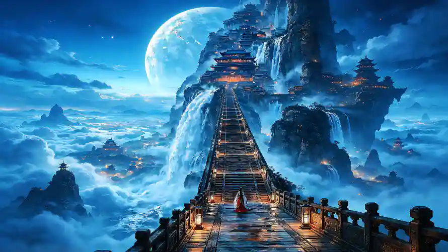 4k云海壁纸 - 夜景 - 瀑布 - 灯笼「哲风壁纸」