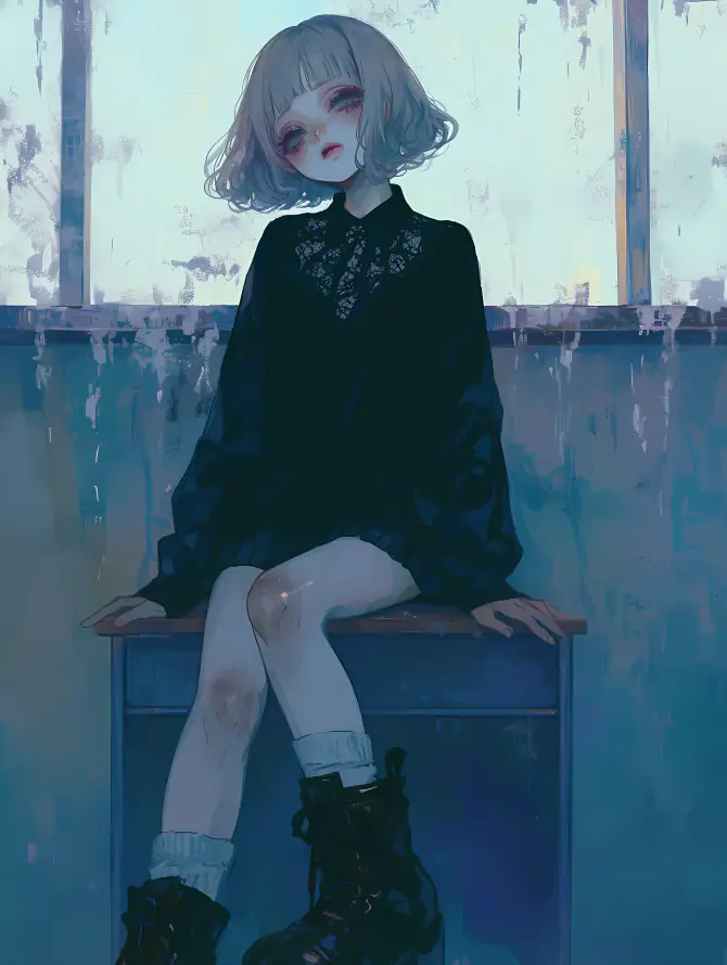 4k坐姿壁纸 - 少女 - 二次元 - 冷色调「哲风壁纸」