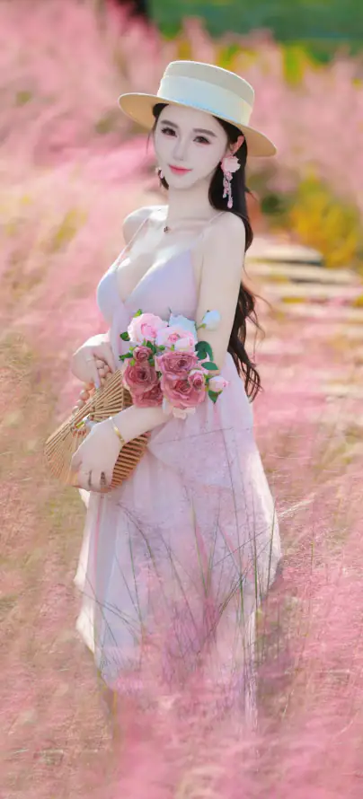 4k粉黛草壁纸 - 长卷发 - 户外写真 - 手持花束「哲风壁纸」