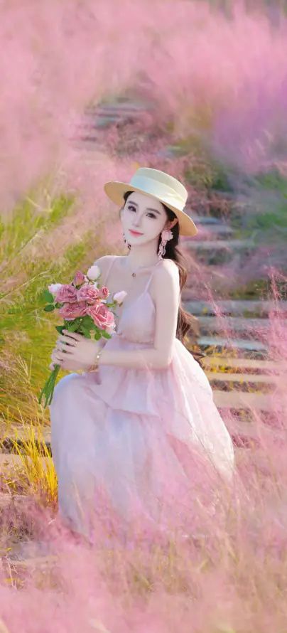 4k少女壁纸 - 捧花 - 石阶 - 草帽「哲风壁纸」