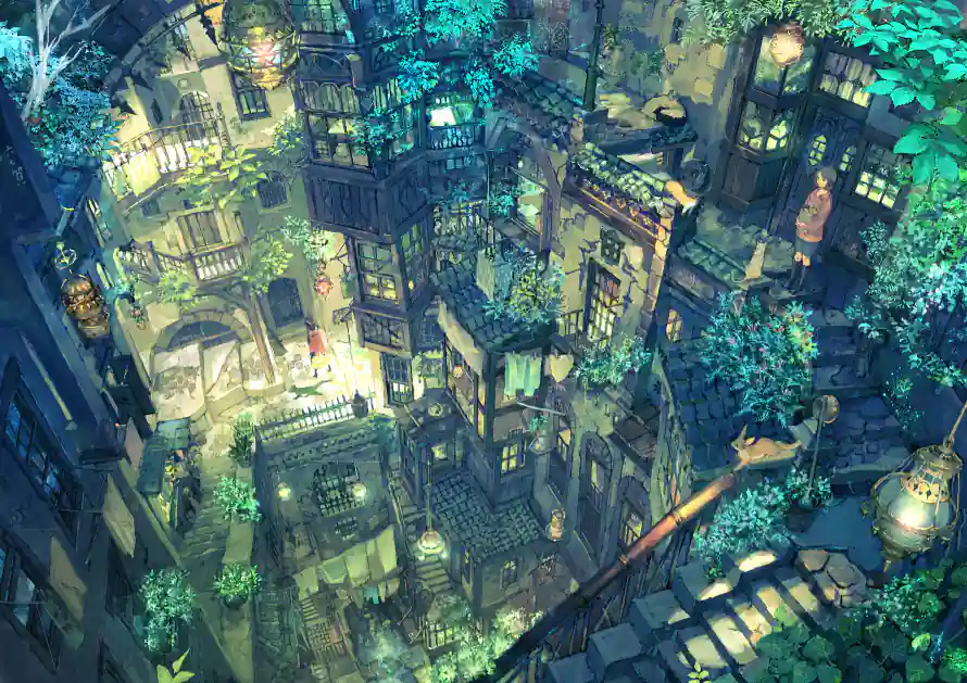 3k夜景壁纸-俯视角 - 日系插画-暖黄灯光「哲风壁纸」