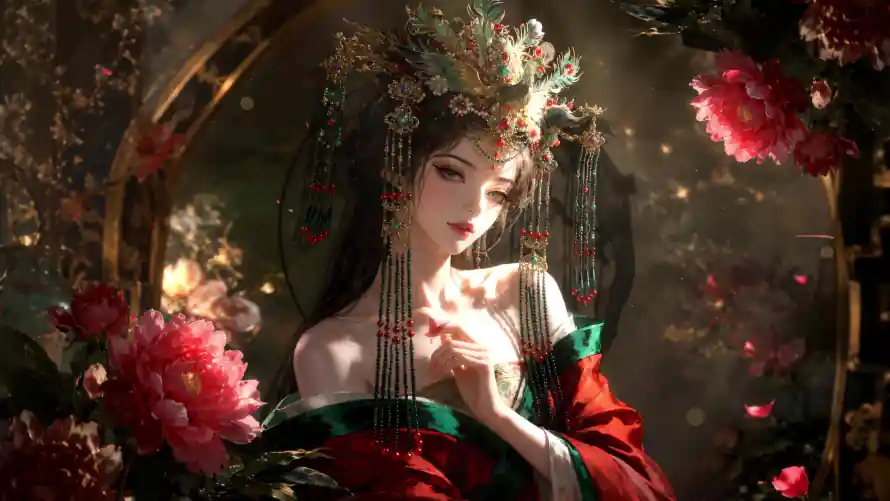 4k暖光壁纸-牡丹花 - 华丽头饰-国风插画「哲风壁纸」
