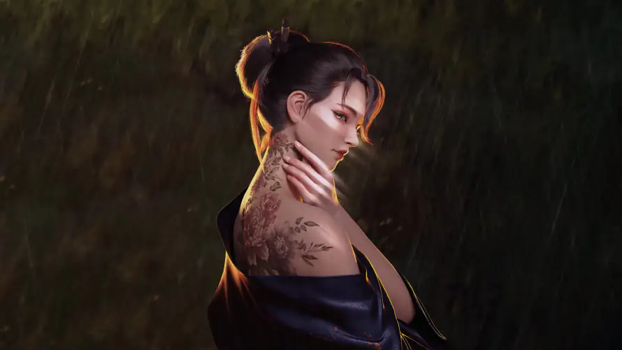 4k盘发壁纸-露背 - 东方女性-厚涂插画「哲风壁纸」