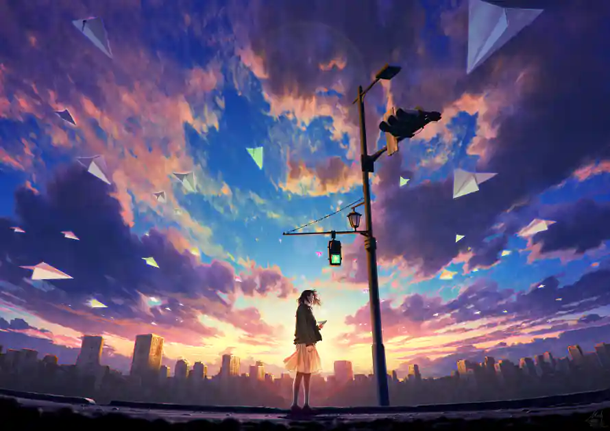 3k壁纸壁纸-少女 - 晚霞-路灯「哲风壁纸」