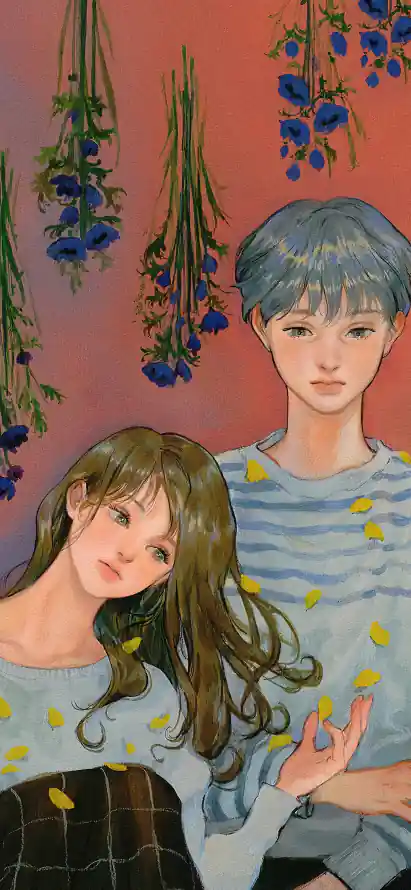 4k依偎壁纸 - 情侣 - 漫画 - 蓝花「哲风壁纸」