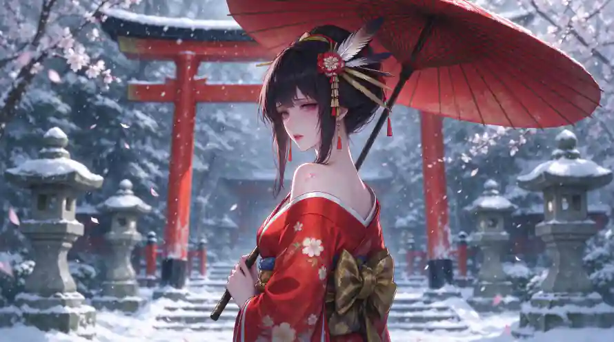 3k和服壁纸-樱花 - 神社-红衣「哲风壁纸」