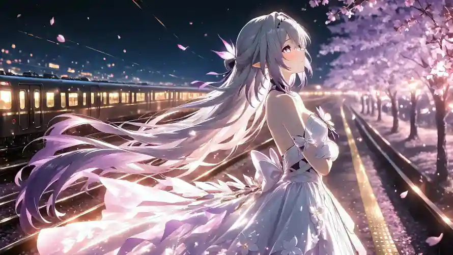 4k列车壁纸-夜晚 - 星空-樱花「哲风壁纸」