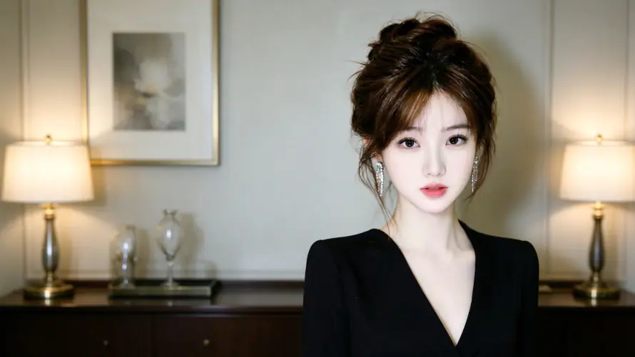 3k台灯壁纸-盘发 - 美女-装饰画「哲风壁纸」