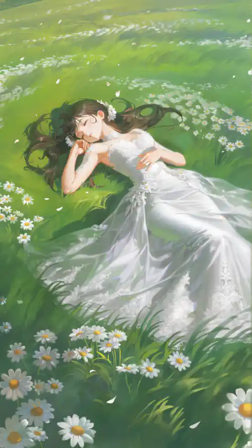 4k婚纱壁纸 - 少女 - 白裙 - 草地「哲风壁纸」
