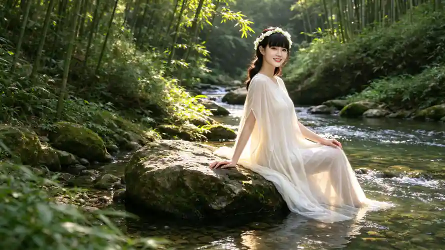 3k溪涧壁纸-白裙 - 竹林-花环「哲风壁纸」