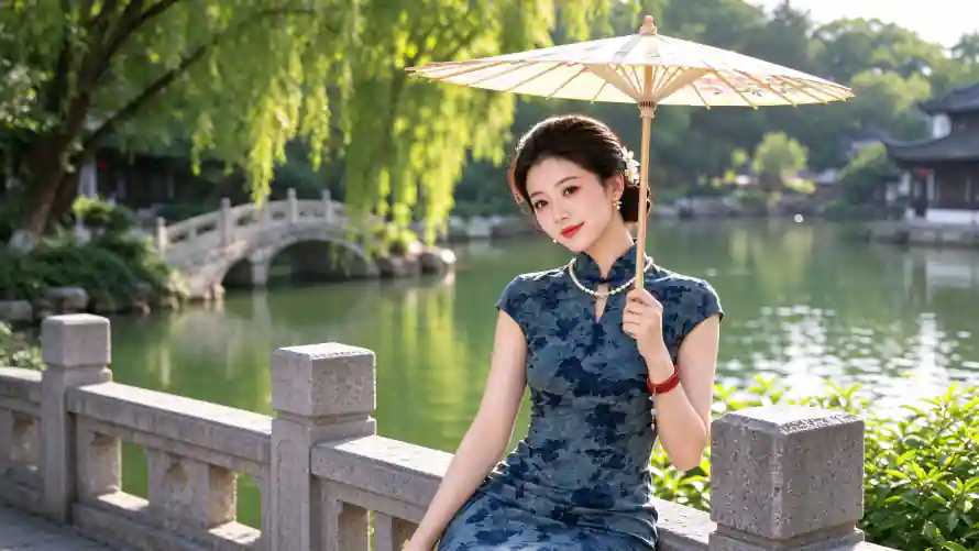 3k国风壁纸-垂柳 - 旗袍-温婉「哲风壁纸」