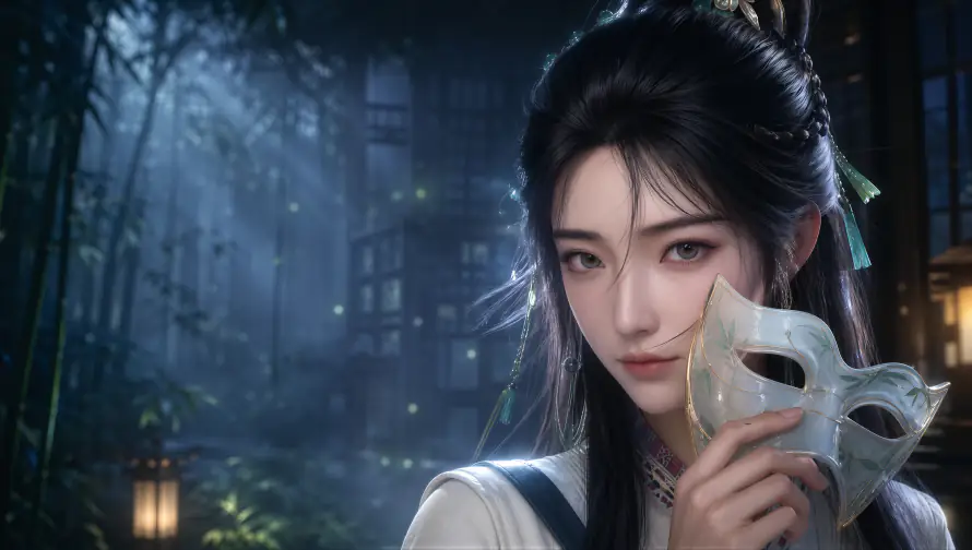 4k黑发壁纸 - 面具 - 夜景 - 美女「哲风壁纸」