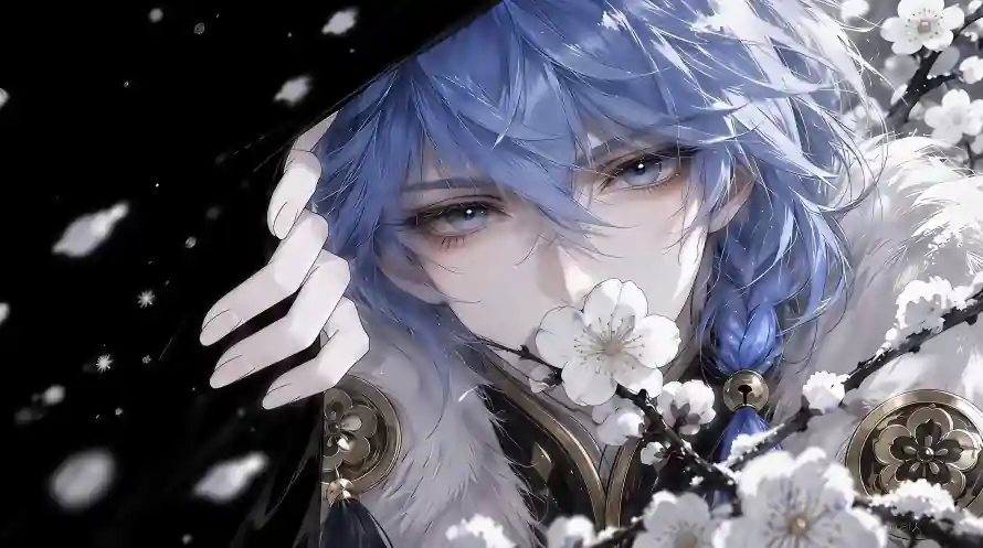 4k斗笠壁纸-梅花 - 蓝发-冬日雪景「哲风壁纸」