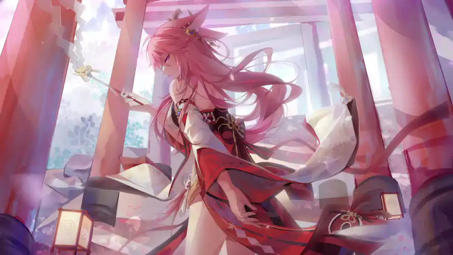 4k原神壁纸-巫女 - 法杖-狐耳「哲风壁纸」