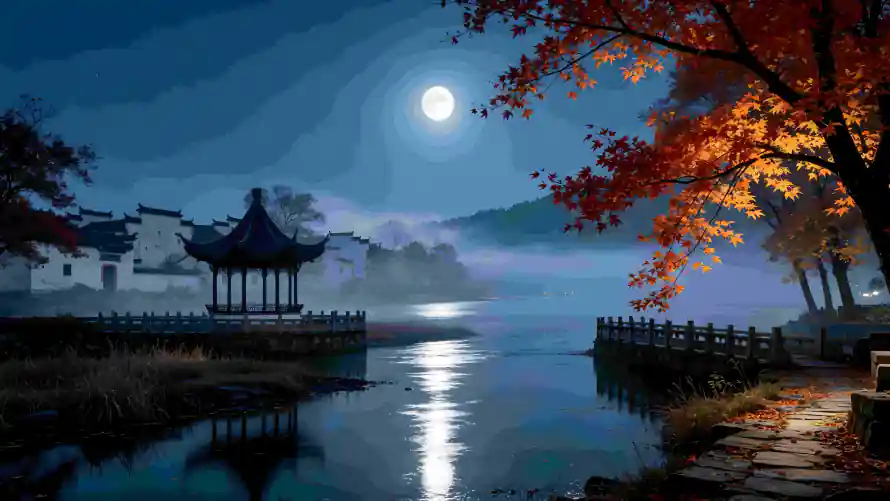 4k国风壁纸-夜晚 - 明月-湖面「哲风壁纸」