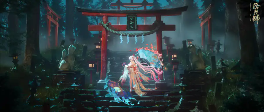 5k和风壁纸-夜景 - 折扇-森林「哲风壁纸」 5k和风壁纸-夜景 - 折扇-森林「哲风壁纸」