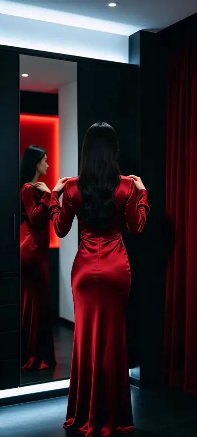 4k室内壁纸 - 暗调 - 红裙 - 美女「哲风壁纸」