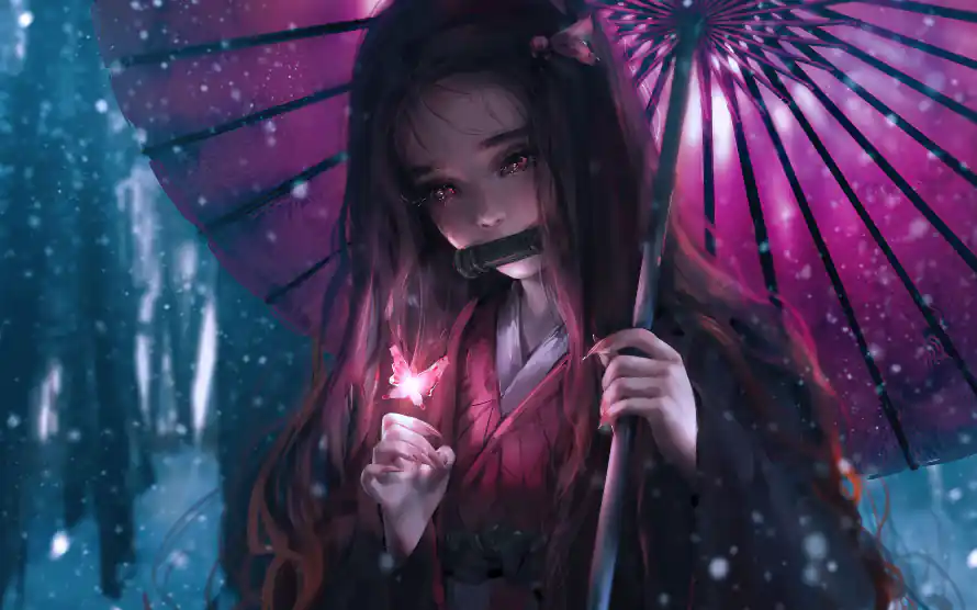 3k下雪壁纸-和服 - 竹林-蝴蝶「哲风壁纸」