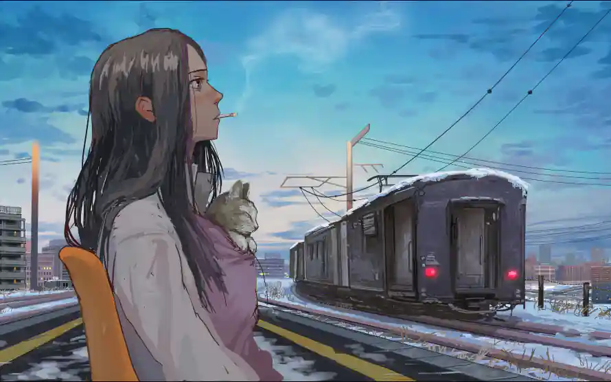 3k少女壁纸-抱猫 - 冬日雪景-城市远景「哲风壁纸」