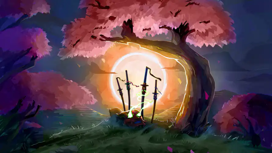 2k剑冢壁纸-夜景 - 樱花树-武士刀「哲风壁纸」