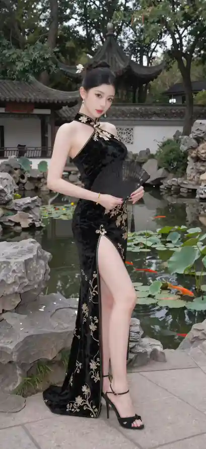 4k旗袍壁纸 - 池塘 - 盘发 - 美女「哲风壁纸」