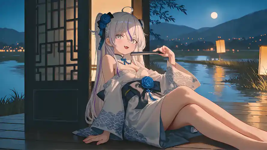 4k折扇壁纸-月夜 - 湖畔-远山「哲风壁纸」