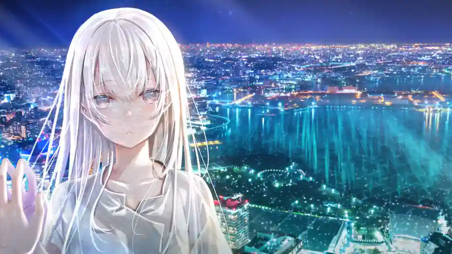 3k夜景壁纸-水岸 - 蓝眼-白发少女「哲风壁纸」