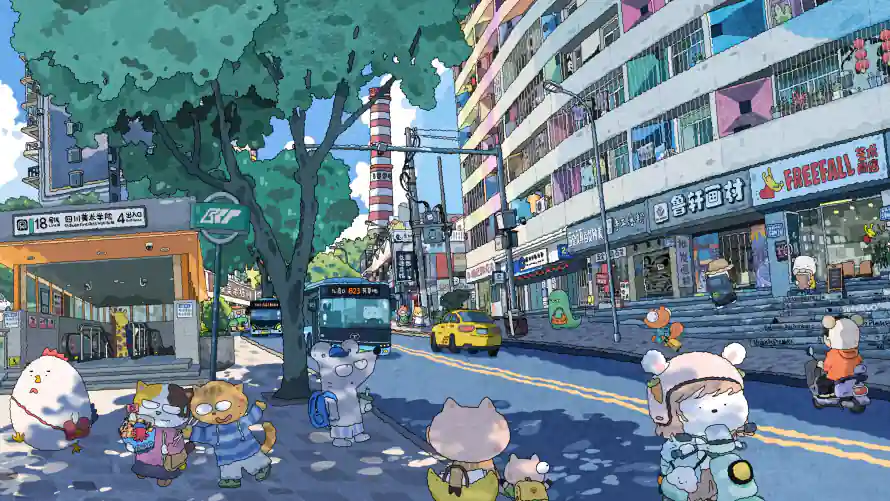 5k公交站壁纸-治愈系 - 行道树-卡通街景「哲风壁纸」