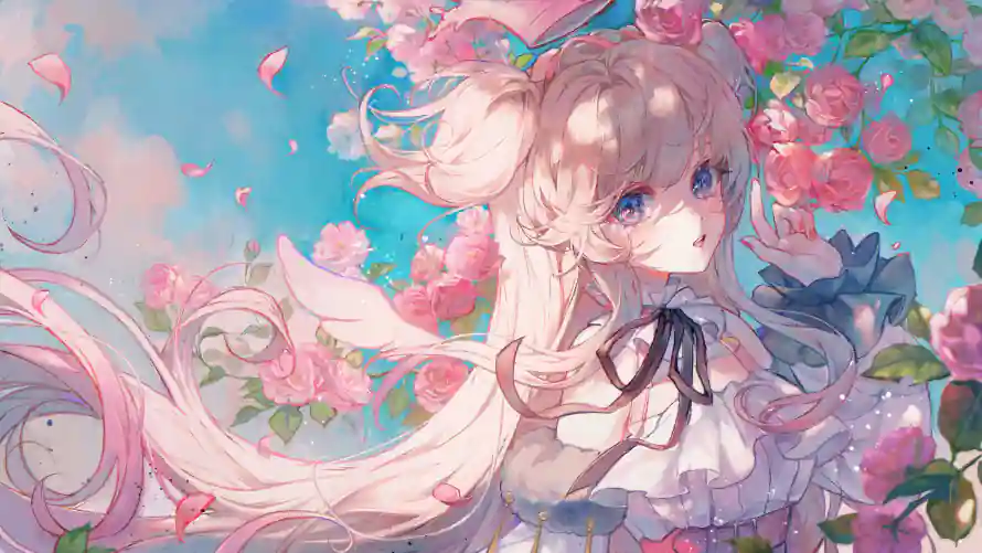 3k蓝瞳壁纸-梦幻插画 - 粉发少女-粉色玫瑰「哲风壁纸」