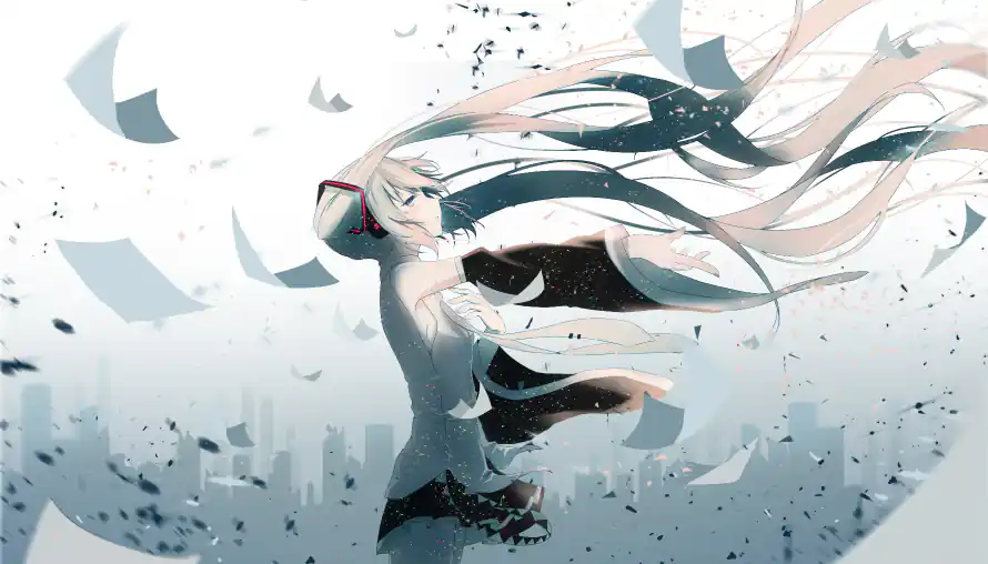 4k耳机壁纸-初音未来 - 城市剪影-清新治愈「哲风壁纸」