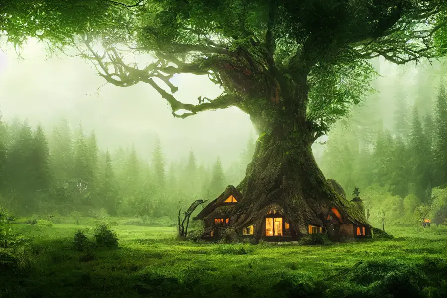 2k树屋壁纸｜雾霭森林巨树小屋背景图片 - 梦幻治愈风光「哲风壁纸」