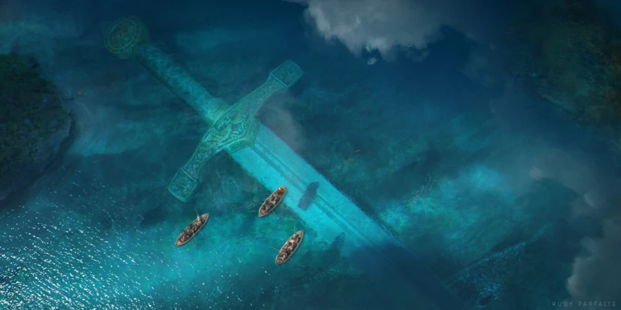 4k海底巨剑壁纸|绿松石海独木舟背景图片 - 奇幻艺术「哲风壁纸」 Aerial view of a giant glowing sword embedded in turquoise s