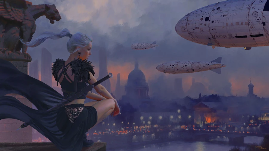 2kWLOP插画壁纸｜飞艇黄昏城市背景图片 - 幻想艺术「哲风壁纸」