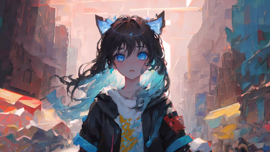 2k猫女壁纸-猫耳朵图片-蓝眼睛背景-人工智能艺术「哲风壁纸」