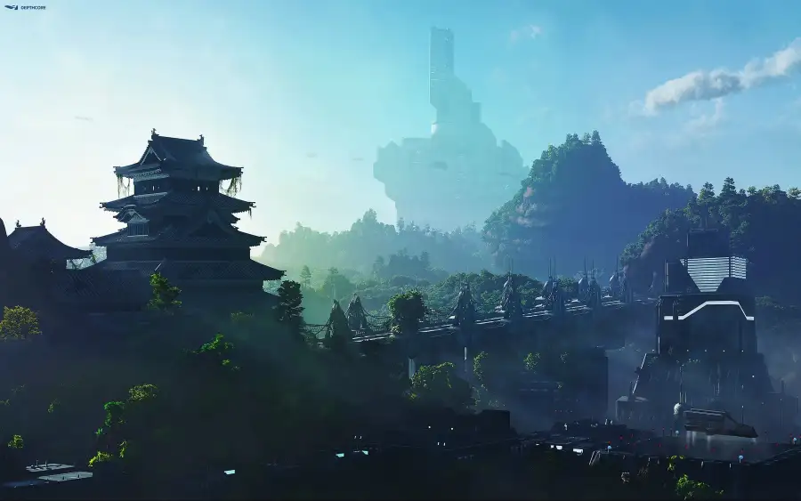 3k东方古城壁纸|雾中青山古建背景图片 - 清新幻想「哲风壁纸」 晨雾笼罩的东方古城,左侧多层古建矗立,远处青山与朦胧高塔隐于雾中。