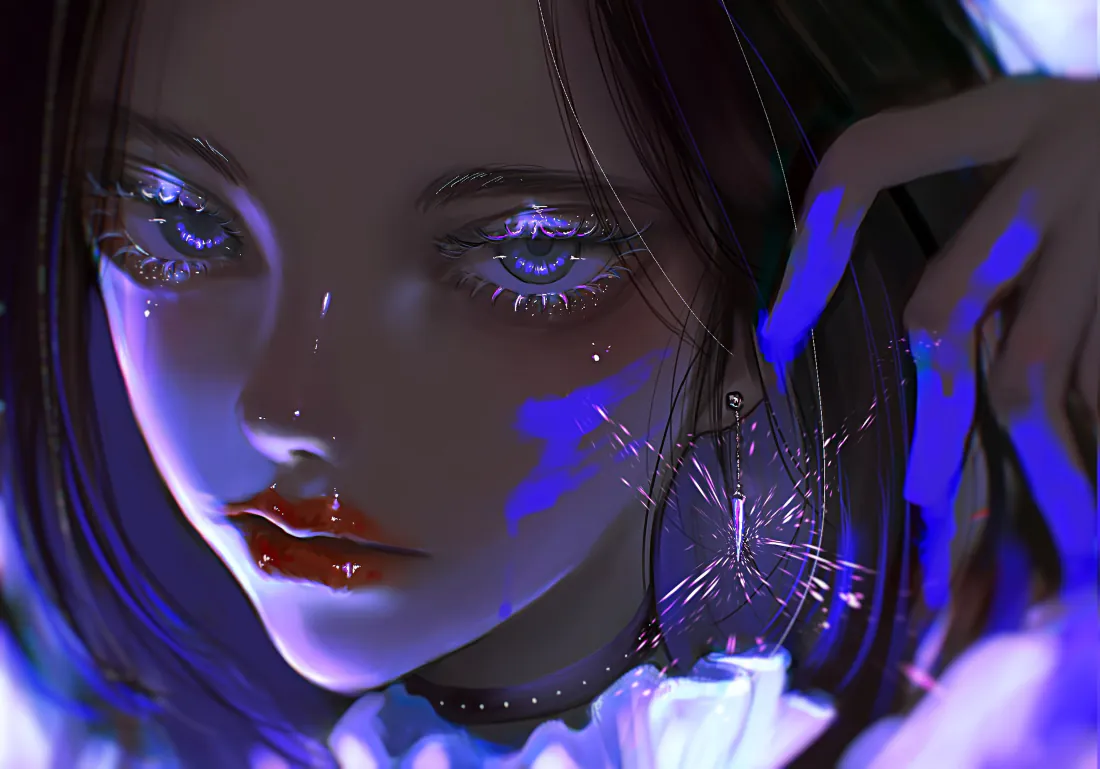 紫蓝霓虹光影下的黑发少女脸部特写，佩戴星芒耳环与铆钉项圈，红唇亮眼。